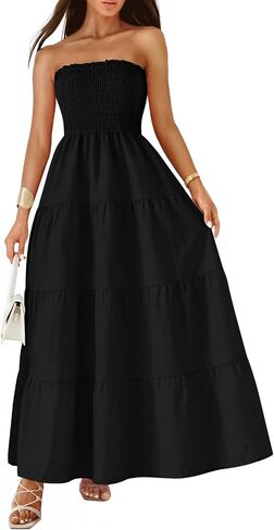 LILLUSORY Women's Summer Strapless Maxi Dress Smocked Flowy A Line Long Tube Beach Dresses with Pockets in Kuwait