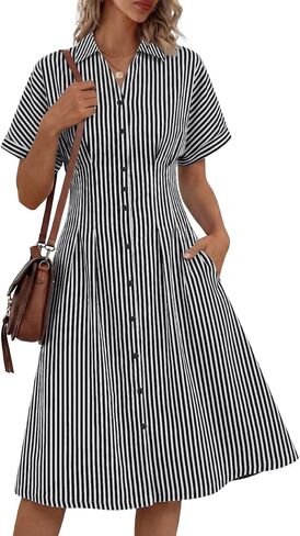 LILLUSORY Women's Striped Button Down Shirt Dress 2026 Spring Summer Short Sleeve Casual Midi Dress Beach Vacation Outfits in Saudi Arabia