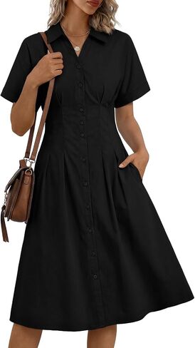 LILLUSORY Women's Striped Button Down Shirt Dress 2026 Spring Summer Short Sleeve Casual Midi Dress Beach Vacation Outfits in Kuwait