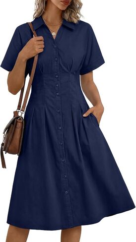 LILLUSORY Women's Striped Button Down Shirt Dress 2026 Spring Summer Short Sleeve Casual Midi Dress Beach Vacation Outfits in Kuwait