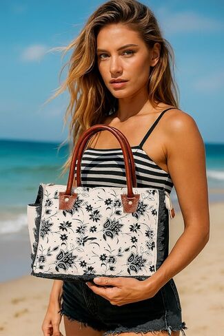 CLA Upcycle Canvas Bag With Leather - Handmade Tote, Shoulder Bag, Handbag for Women in Saudi Arabia