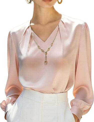 Women's Satin Silk Blouse 2026 Elegant Pleated V-Neck Long Sleeve Shirts Business Casual Tops Work Office Outfits in Saudi Arabia