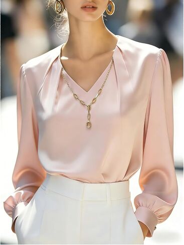 Women's Satin Silk Blouse 2026 Elegant Pleated V-Neck Long Sleeve Shirts Business Casual Tops Work Office Outfits in Saudi Arabia