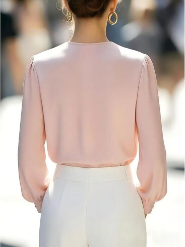 Women's Satin Silk Blouse 2026 Elegant Pleated V-Neck Long Sleeve Shirts Business Casual Tops Work Office Outfits in Saudi Arabia