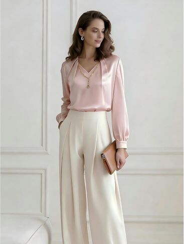 Women's Satin Silk Blouse 2026 Elegant Pleated V-Neck Long Sleeve Shirts Business Casual Tops Work Office Outfits in Saudi Arabia