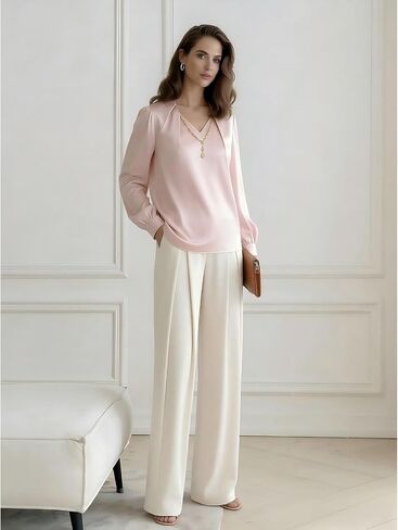 Women's Satin Silk Blouse 2026 Elegant Pleated V-Neck Long Sleeve Shirts Business Casual Tops Work Office Outfits in Saudi Arabia