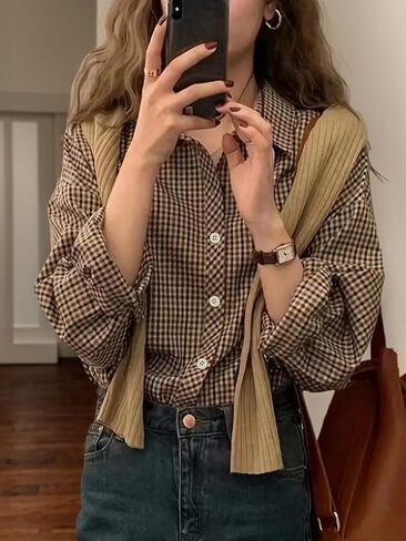 Womens Long Sleeve Button Down Shirt Plaid Print Collared Fashion Casual Business Office Blouse Tops in Saudi Arabia