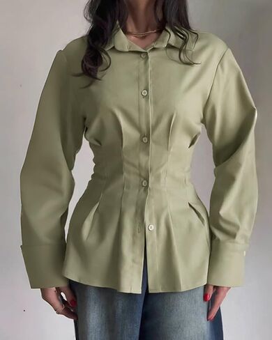 Womens Turn-Down Collar Blouse Back Criss Cross Tied Detail Fishtail Hem Shirt Casual Fashion Trendy Daily Office Wear in Kuwait
