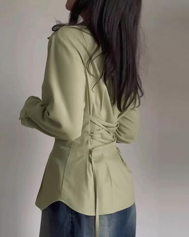 Womens Turn-Down Collar Blouse Back Criss Cross Tied Detail Fishtail Hem Shirt Casual Fashion Trendy Daily Office Wear in Kuwait
