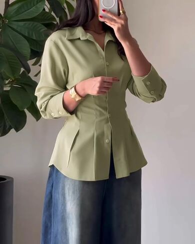 Womens Turn-Down Collar Blouse Back Criss Cross Tied Detail Fishtail Hem Shirt Casual Fashion Trendy Daily Office Wear in Kuwait
