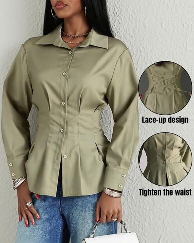 Womens Turn-Down Collar Blouse Back Criss Cross Tied Detail Fishtail Hem Shirt Casual Fashion Trendy Daily Office Wear in Kuwait