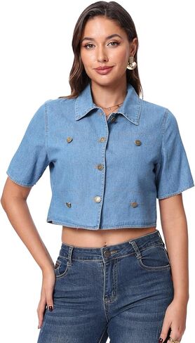 SUNNOW Women's Cropped Denim Top - Short Sleeve Button Front Shirt, Lightweight Summer Blouse in Saudi Arabia