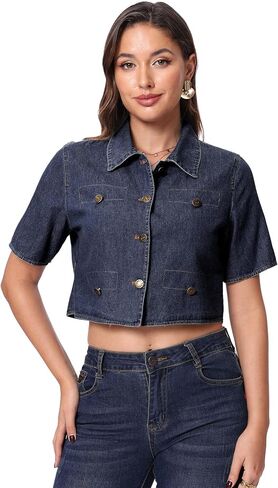 SUNNOW Women's Cropped Denim Top - Short Sleeve Button Front Shirt, Lightweight Summer Blouse in Saudi Arabia