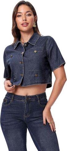 SUNNOW Women's Cropped Denim Top - Short Sleeve Button Front Shirt, Lightweight Summer Blouse in Saudi Arabia