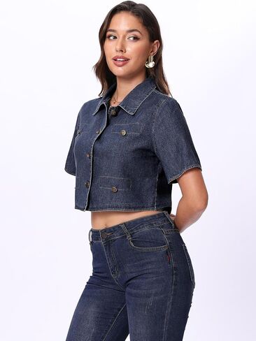 SUNNOW Women's Cropped Denim Top - Short Sleeve Button Front Shirt, Lightweight Summer Blouse in Saudi Arabia