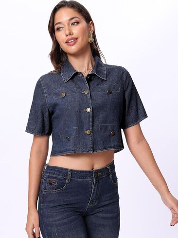 SUNNOW Women's Cropped Denim Top - Short Sleeve Button Front Shirt, Lightweight Summer Blouse in Saudi Arabia