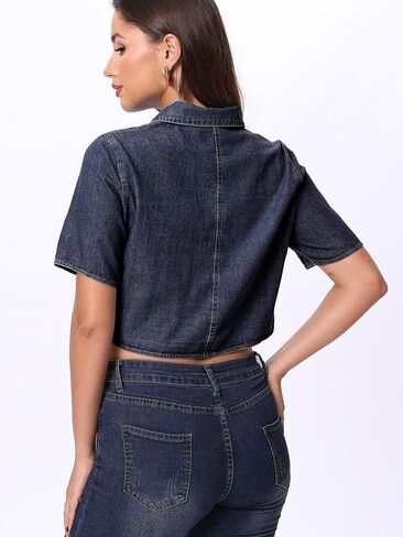 SUNNOW Women's Cropped Denim Top - Short Sleeve Button Front Shirt, Lightweight Summer Blouse in Saudi Arabia