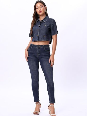 SUNNOW Women's Cropped Denim Top - Short Sleeve Button Front Shirt, Lightweight Summer Blouse in Saudi Arabia