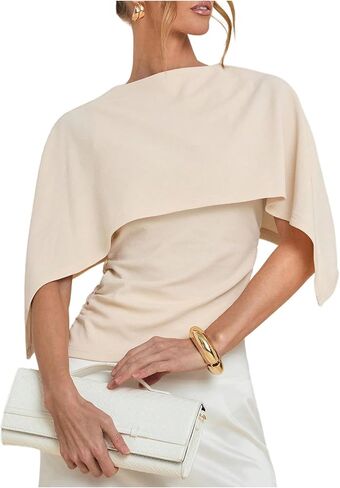 GORGLITTER Women's Ruched Poncho Top Asymmetrical Shawl Tops Elegant Dressy Spring Dolman Sleeve Blouse in Saudi Arabia