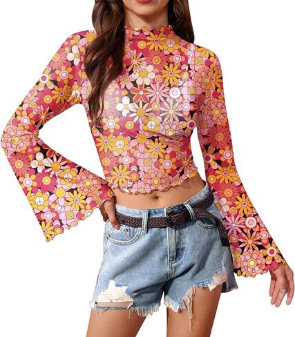 Women's Halloween Bell Sleeve Hippie 70s Mock Neck Shirt Boho Party Coachella Outfits Retro Crop Top Groovy XL in Saudi Arabia