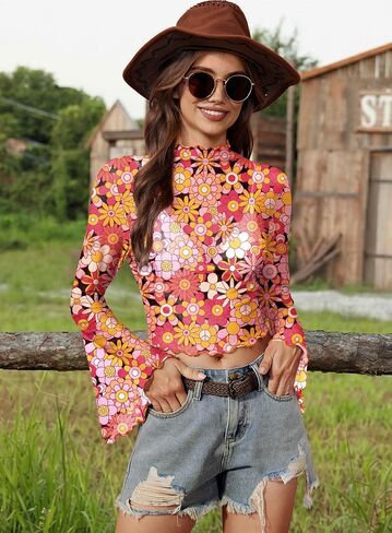 Women's Halloween Bell Sleeve Hippie 70s Mock Neck Shirt Boho Party Coachella Outfits Retro Crop Top Groovy XL in Saudi Arabia