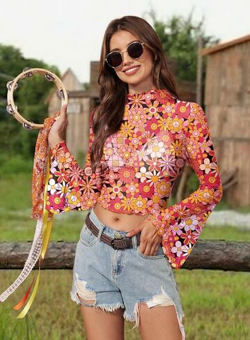 Women's Halloween Bell Sleeve Hippie 70s Mock Neck Shirt Boho Party Coachella Outfits Retro Crop Top Groovy XL in Saudi Arabia