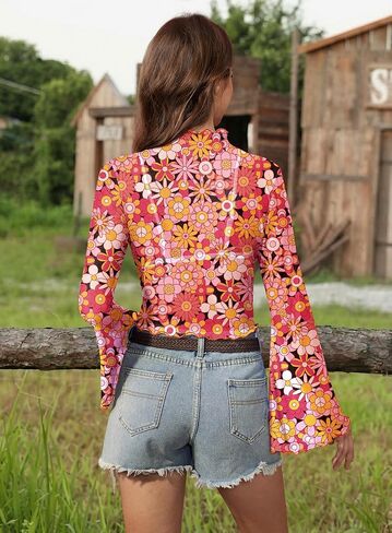 Women's Halloween Bell Sleeve Hippie 70s Mock Neck Shirt Boho Party Coachella Outfits Retro Crop Top Groovy XL in Saudi Arabia