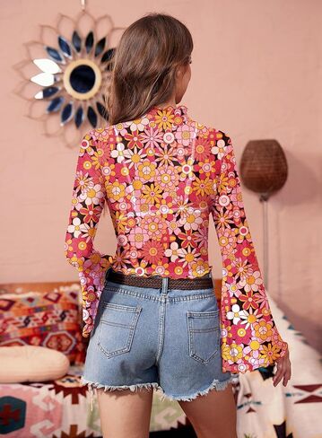 Women's Halloween Bell Sleeve Hippie 70s Mock Neck Shirt Boho Party Coachella Outfits Retro Crop Top Groovy XL in Saudi Arabia