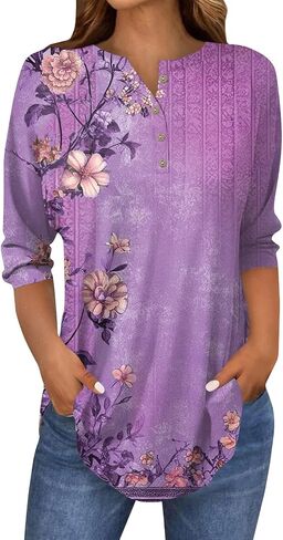 Women's Comfy 3/4 Sleeve Slim Tshirt Daily Button Dressy Tops V Neck Casual Fashion Floral Print Blouse in Kuwait