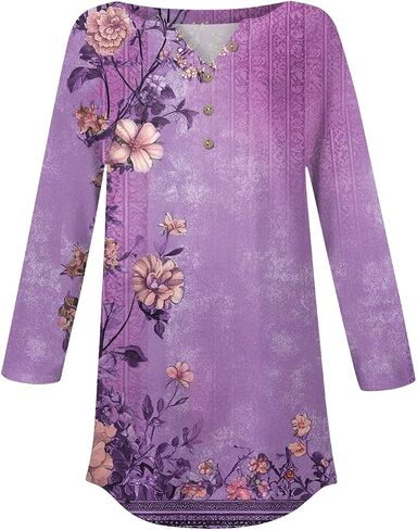 Women's Comfy 3/4 Sleeve Slim Tshirt Daily Button Dressy Tops V Neck Casual Fashion Floral Print Blouse in Kuwait