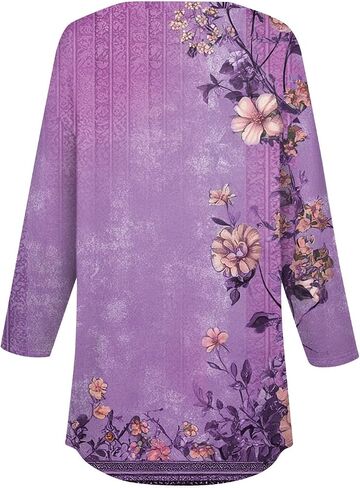 Women's Comfy 3/4 Sleeve Slim Tshirt Daily Button Dressy Tops V Neck Casual Fashion Floral Print Blouse in Kuwait