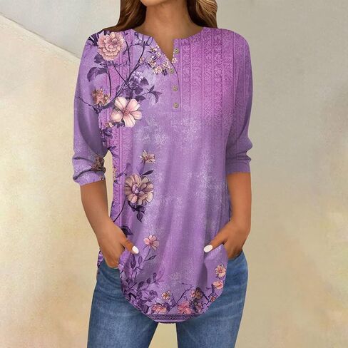 Women's Comfy 3/4 Sleeve Slim Tshirt Daily Button Dressy Tops V Neck Casual Fashion Floral Print Blouse in Kuwait