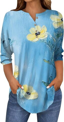 Women's Comfy 3/4 Sleeve Slim Tshirt Daily Button Dressy Tops V Neck Casual Fashion Floral Print Blouse in Kuwait