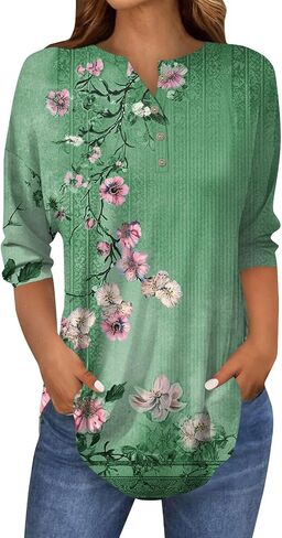 Women's Comfy 3/4 Sleeve Slim Tshirt Daily Button Dressy Tops V Neck Casual Fashion Floral Print Blouse in Kuwait