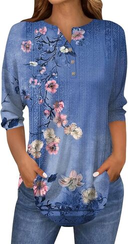 Women's Comfy 3/4 Sleeve Slim Tshirt Daily Button Dressy Tops V Neck Casual Fashion Floral Print Blouse in Kuwait