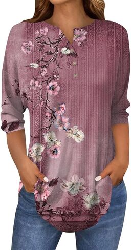 Women's Comfy 3/4 Sleeve Slim Tshirt Daily Button Dressy Tops V Neck Casual Fashion Floral Print Blouse in Kuwait
