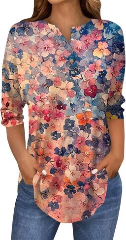 Women's Comfy 3/4 Sleeve Slim Tshirt Daily Button Dressy Tops V Neck Casual Fashion Floral Print Blouse in Kuwait