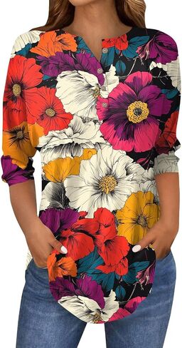 Women's Comfy 3/4 Sleeve Slim Tshirt Daily Button Dressy Tops V Neck Casual Fashion Floral Print Blouse in Kuwait