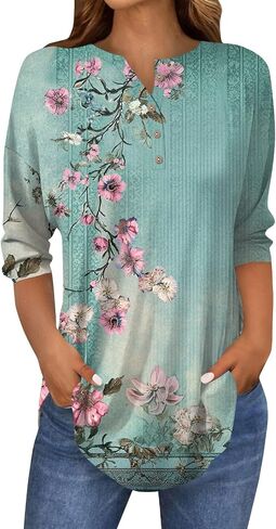 Women's Comfy 3/4 Sleeve Slim Tshirt Daily Button Dressy Tops V Neck Casual Fashion Floral Print Blouse in Kuwait