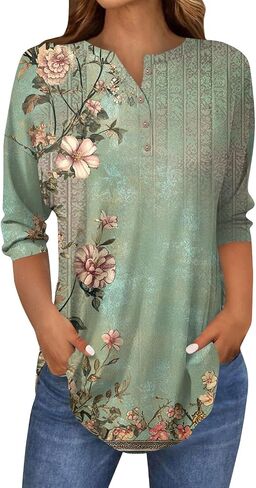 Women's Comfy 3/4 Sleeve Slim Tshirt Daily Button Dressy Tops V Neck Casual Fashion Floral Print Blouse in Kuwait