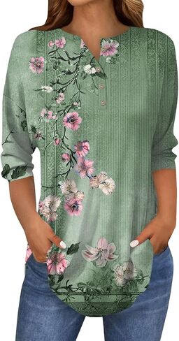 Women's Comfy 3/4 Sleeve Slim Tshirt Daily Button Dressy Tops V Neck Casual Fashion Floral Print Blouse in Kuwait