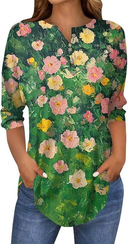 Women's Comfy 3/4 Sleeve Slim Tshirt Daily Button Dressy Tops V Neck Casual Fashion Floral Print Blouse in Kuwait