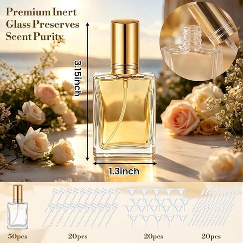 15ml Glass Perfume Bottle Bulk, 50 Pcs Empty Refillable Spray Atomizer with Funnels & Droppers, Gold Mini Travel Dispenser for DIY Gifts in Saudi Arabia
