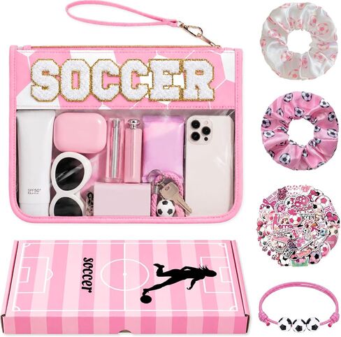 Soccer Gift Set for Girls, Soccer Game Day Essentials, Pink Makeup Bag with Gift Box, 50 Soccer Stickers, Scrunchies & Bracelet, Cute Soccer Accessories for Soccer Fans Teen Girls in Saudi Arabia
