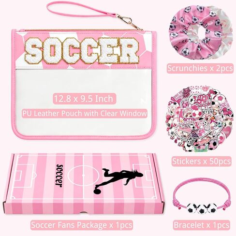 Soccer Gift Set for Girls, Soccer Game Day Essentials, Pink Makeup Bag with Gift Box, 50 Soccer Stickers, Scrunchies & Bracelet, Cute Soccer Accessories for Soccer Fans Teen Girls in Saudi Arabia