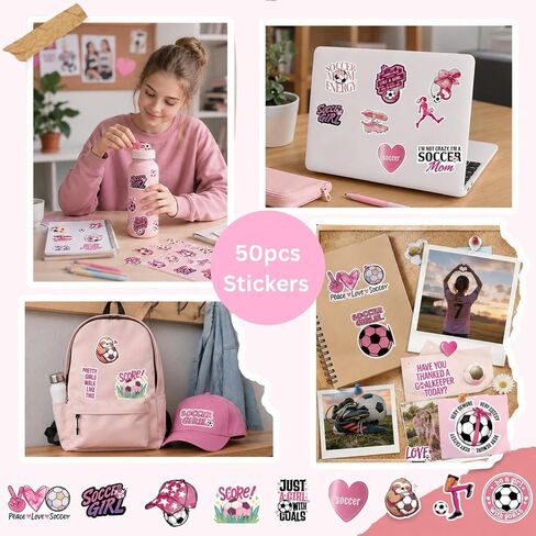 Soccer Gift Set for Girls, Soccer Game Day Essentials, Pink Makeup Bag with Gift Box, 50 Soccer Stickers, Scrunchies & Bracelet, Cute Soccer Accessories for Soccer Fans Teen Girls in Saudi Arabia