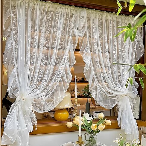 White Little Flower Knitted Lace Curtain with Ruffles for Daughters Bedroom French Romantic Voile Rod Pocket Elegant Floral Embroidered Victorian Drapes 2 Panels (W52xH84 inch) in Saudi Arabia