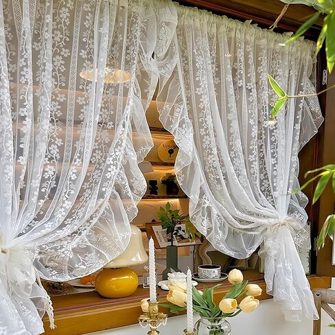 White Little Flower Knitted Lace Curtain with Ruffles for Daughters Bedroom French Romantic Voile Rod Pocket Elegant Floral Embroidered Victorian Drapes 2 Panels (W52xH84 inch) in Saudi Arabia