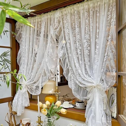 White Little Flower Knitted Lace Curtain with Ruffles for Daughters Bedroom French Romantic Voile Rod Pocket Elegant Floral Embroidered Victorian Drapes 2 Panels (W52xH84 inch) in Saudi Arabia