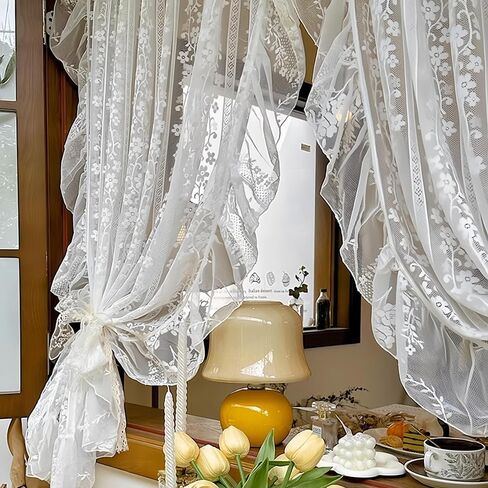 White Little Flower Knitted Lace Curtain with Ruffles for Daughters Bedroom French Romantic Voile Rod Pocket Elegant Floral Embroidered Victorian Drapes 2 Panels (W52xH84 inch) in Saudi Arabia